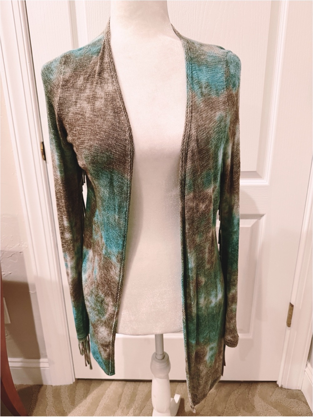 NWOT T Party Tie-Dye Cardigan in Teal Brown with Fringe on Sleeves & Back